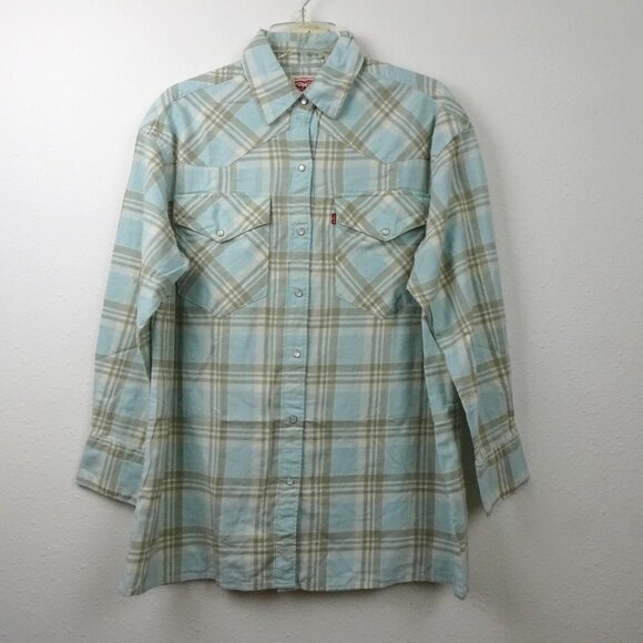 Levi's Flannel Shirt Women's Size XS Blue Plaid Pearl Snap - Picture 1 of 10